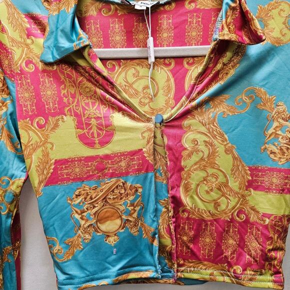 Public Desire colorful funky gold lion print long bell sleeve crop top size 8 - Picture 4 of 8